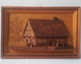 very large hand-carved wooden 3D relief picture, farm, folk art, wooden picture 3 D, handcraft, farm motif, country house style wall decoration
