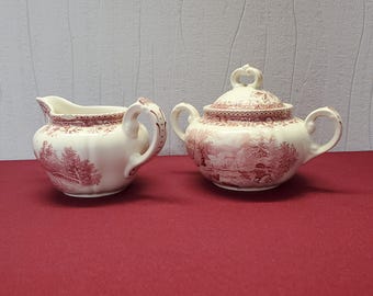 Villeroy Boch Porcelain Mettlach Burgenland Saar in red, sugar bowl and milk jug