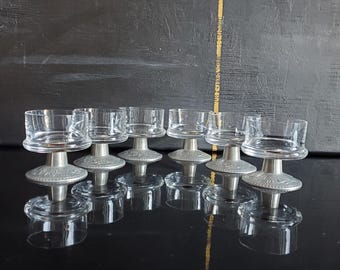 6 x brandy glasses, cognac glasses on a pewter base with hunting motif, hunting decoration, pure pewter, rare to find, retro bar accessories, country house style, rarity!!