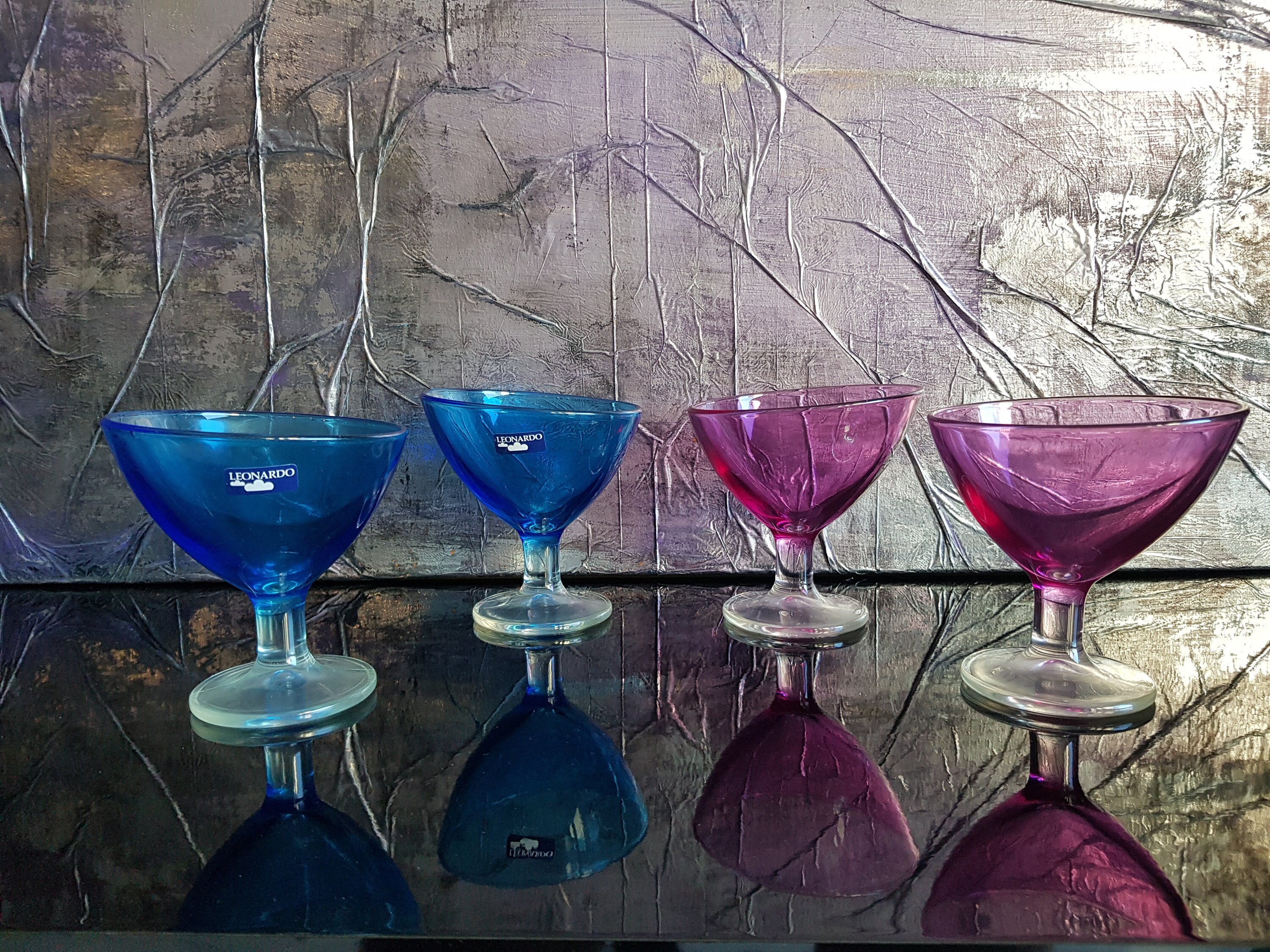 4 x Leonardo Cocktail Gläser,Margarita Gläser, 80er-90er Jahren,Glas in Farbe blau und rosa/lila,Eisbecher,Eisschalen,Dessertschalen,Germany