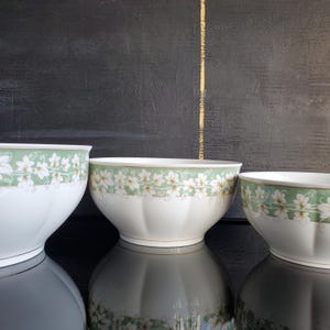 Puede incluir: Tres cuencos de cerámica blanca con un borde floral verde. Los cuencos tienen un borde festoneado y un ribete dorado. El fondo es una superficie oscura y texturizada con una raya vertical dorada.