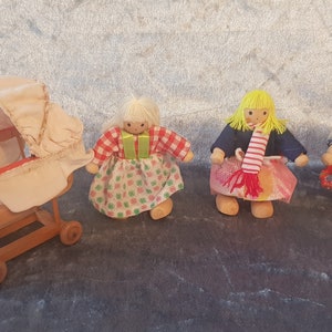 3 vintage bendable dolls, Goki dolls 70s-80s and doll carriage, dollhouse furniture