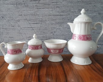 Vintage Rüdesheimer 4 parts, coffee Asbach Uralt Rüdesheim, coffee pot, milk jug, sugar bowl and bowl, Heinrich Villeroy Boch porcelain