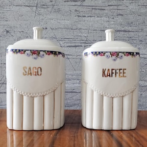 Antique Art Deco storage jars, storage containers, made of porcelain with lids for coffee and sago, model number 2805, all containers with lids