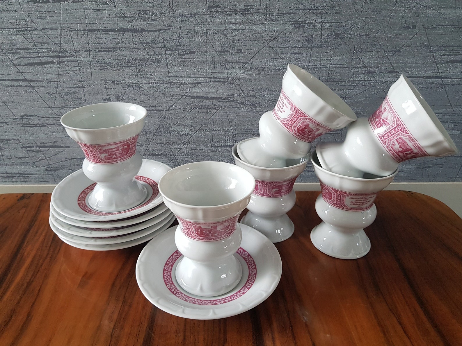 Rüdesheimer set for 6 or 12 people place setting, genuine Rüdesheimer coffee cup set, Heinrich Porcelain, Pharisee coffee mug, Asbach Uralt, V&B