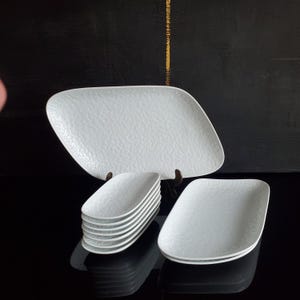 Puede incluir: Un juego de servir de cerámica blanca texturizada. El juego incluye una fuente grande y oblonga, seis platos pequeños ovalados y dos platos rectangulares. Los platos tienen una textura sutil y orgánica.