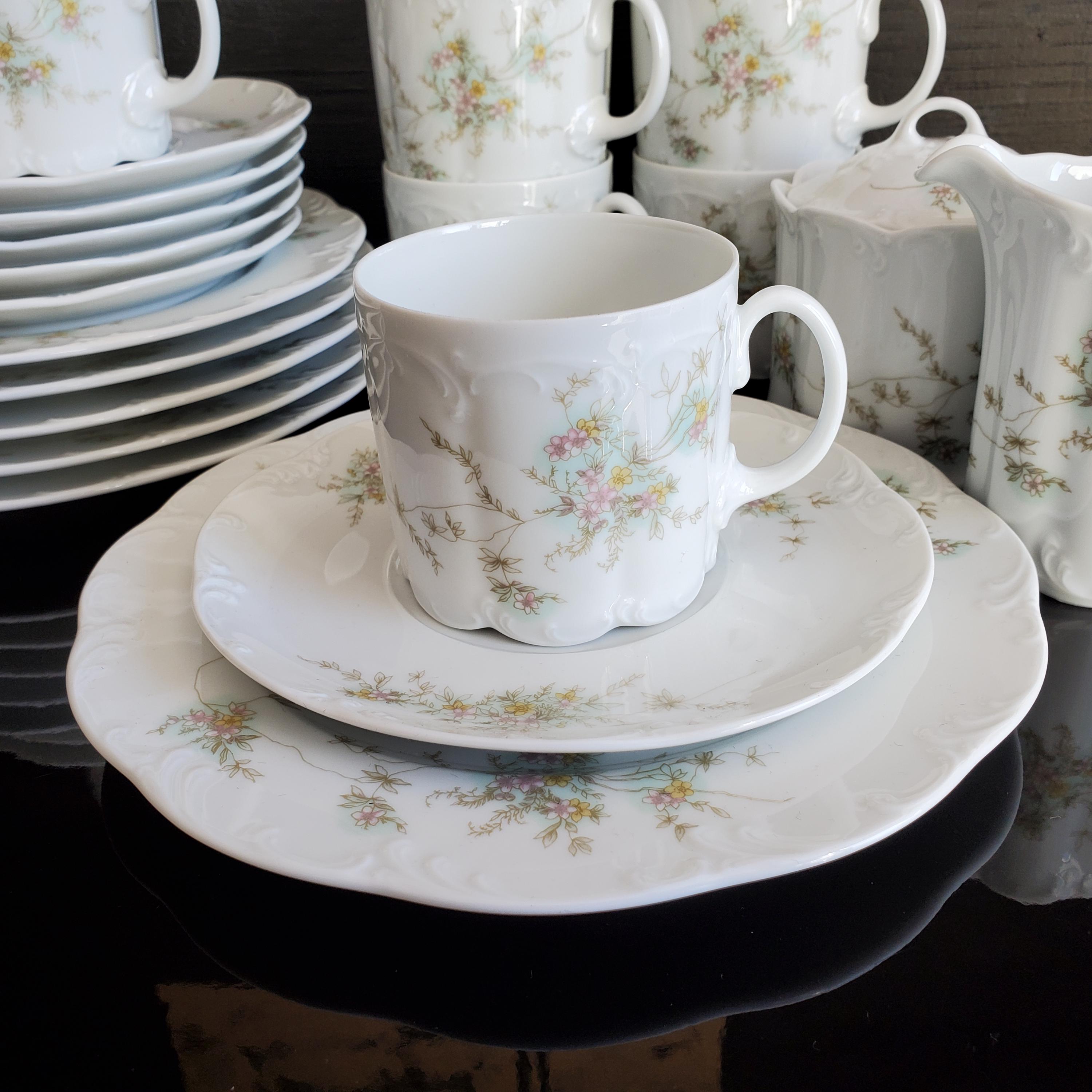 Classic Rose Rosenthal Monbijou Kaffeeservice für 6 Personen,20-tlg.Grüne Ranke Zuckerdose Milchkännchen Porzellan Geschirr Germany Vintage