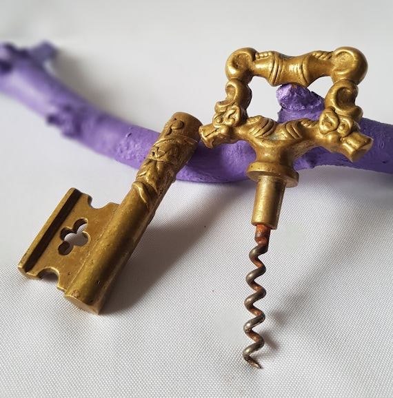 Vintage Brass Corkscrew as a Key, Wine Opener, Cork Screw, Antique
