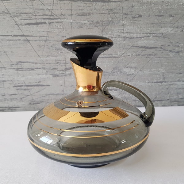 Mid Century Glas Karaffe,Dekanter von Fischer Fichtelberg Glas,mit Golddekor,seltene Fund,West Germany Glas, Handarbeit.