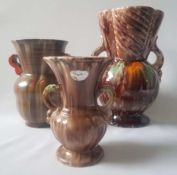 Vase,50er-60er Jahre,Jasba Keramik Amphore,Schokoladenbraun mit Farbakzente,Model Nr. 537/14 West Germany Keramik,Mid century Vase