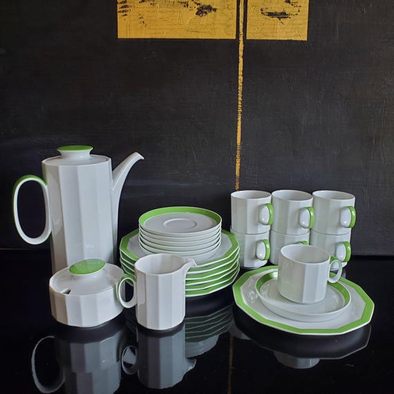 Rosenthal 7 Personen Kaffeeset,studio-line,Dekor Polygon Sunion grün,Designer Tapio Wirkkala,26 Teile,Made in Germany Porzellan,70er Jahre