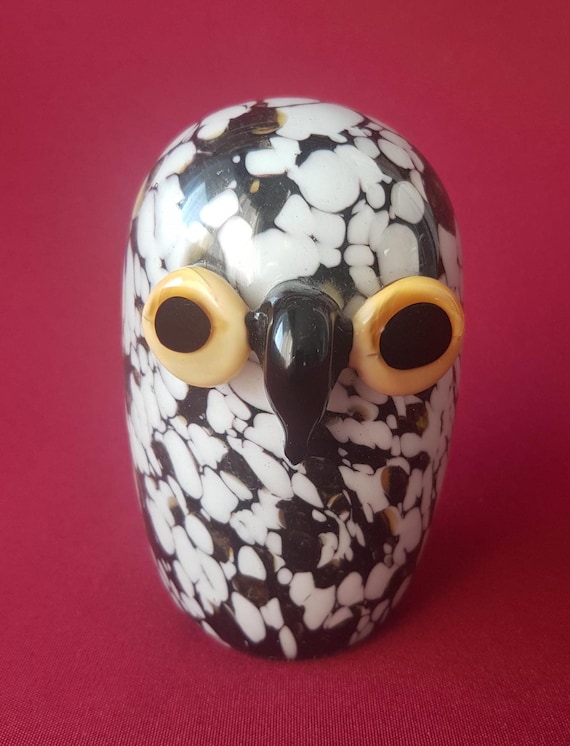 ムラーノガラス製のフクロウフィギュア、白黒模様、ムラーノスタイル