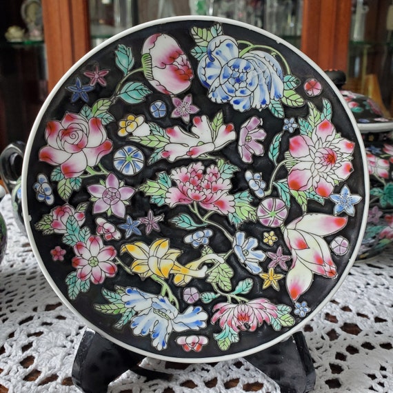 Vintage Chinese Tea Set, Jingdezhen Zhongguo Famille Noire Mille