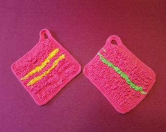 2 vintage pot holders, crocheted, from the 60s-70s, pink color, retro kitchen, shabby chick kitchen, real handmade