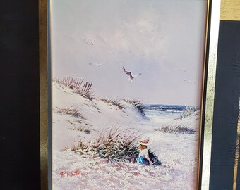 A beautiful original oil painting depicting a girl sitting by the sea, signed P. Watkins, hand-painted, unique, framed.