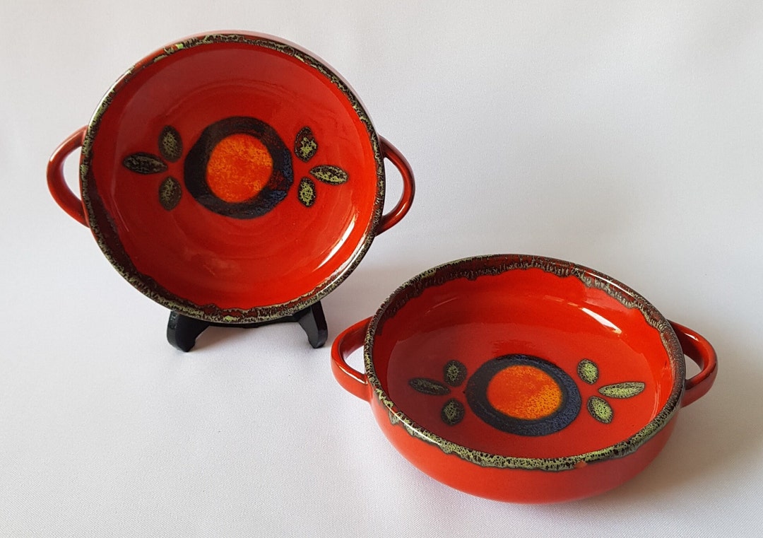 2 Ceramic Bowls,red Ceramic From the 70s,handle Bowl,desser Bowl,mid Centur Fat Lava Ceramic