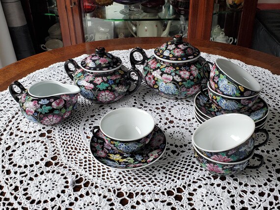 Teeservice Vintage Chinese Jingdezhen Zhongguo Famille Noire Mille Fleur, Chinesisches Porzellan,5 Personen ,13 Teile,60er-70er Jahre