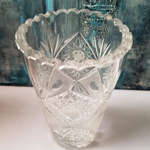 large Bohemian lead crystal vase, flower vase, hand-cut, sling star cut, hand cut, Boho crystal table vase 70s-80s