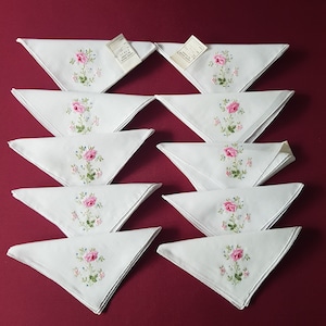 Vintage 10 fabric handkerchiefs from 70s, hand embroidered handkerchiefs Made in China, new, with labels