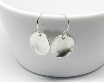 Sterling Silver Hammered Disc Drop Earrings - Full Moon Earrings - Beaten Earrings