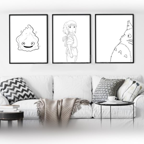 Studio Ghibli Theme Set of 3 Digital Download Wall Art Chihiro Calcifer Totoro Nursery Bedroom