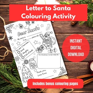 Página para colorear Carta a Santa, Carta imprimible a Santa con páginas para colorear adicionales, Lista de deseos navideños para niños, Carta navideña para niños