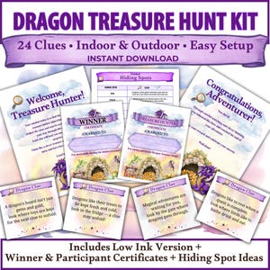 Puede incluir: Un kit de búsqueda del tesoro de dragones con 24 pistas para interiores y exteriores. Incluye certificados para ganadores y participantes, además de ideas para esconderse. El kit presenta gráficos y texto temáticos de dragones.