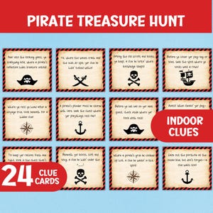 Caccia al tesoro pirata stampabile, carte indizio caccia al tesoro al chiuso, avventura pirata per bambini cerca e trova, gioco di società di nascondino