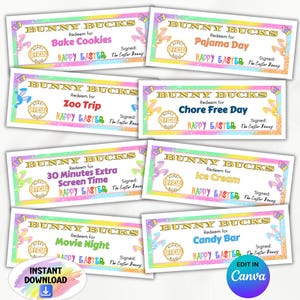 Dólares de Conejo de Pascua editables, cupones imprimibles personalizados para niños, recompensas de la búsqueda de Pascua, artículos para rellenar canastas, recuerdos de fiesta, regalos divertidos de Pascua
