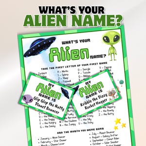 Puede incluir: Un juego de nombres de alienígenas verde y blanco con el texto "What's Your Alien Name?" y dos tarjetas de ejemplo de nombres de alienígenas. El juego incluye una lista de nombres y opciones de mes de nacimiento.