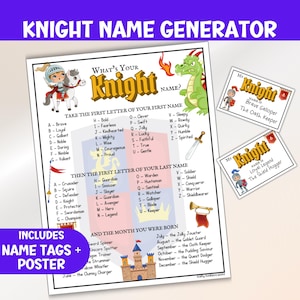 騎士の名前を決めるパーティーゲーム、中世をテーマにしたアクティビティ、印刷可能な名前ジェネレーター、教室のロールプレイ用名札、ファンタジーごっこ遊び