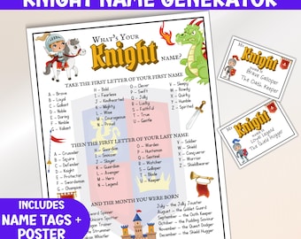 What’s Your Knight Name Party Game, Medieval-Themed Activity, Printable Name Generator, Classroom Role Play Name Tags, Fantasy Pretend Play
