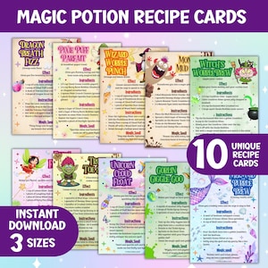 Può includere: Una collezione di dieci carte di ricette uniche per pozioni magiche, con illustrazioni colorate e nomi stravaganti come "Dragon Breath Fizz" e "Unicorn Cloud Float". Le carte sono disponibili in tre dimensioni e sono scaricabili all'istante.
