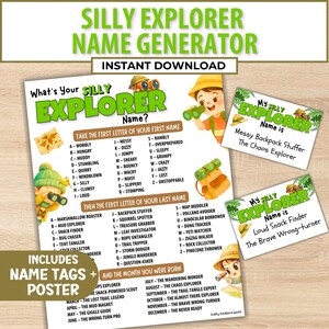 Könnte beinhalten: Ein farbenfrohes "Silly Explorer Name Generator" Poster mit Namensschildern. Das Poster zeigt Wortlisten zur Erstellung alberner Entdeckernamen, mit Illustrationen von Entdeckern und Outdoor-Ausrüstung. Sofortiger Download.