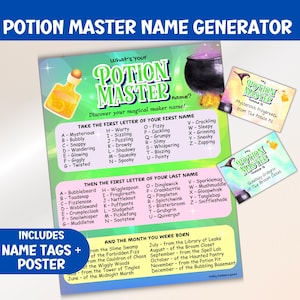 May include: A colorful "Potion Master Name Generator" poster with name tags. The poster features a cauldron, potion bottle, and lists of letters and words to create unique names. Includes name tags and a poster.