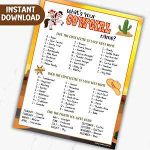 Whats Your Cowgirl Name Party Game for Kids, Wild West Name Generator ...