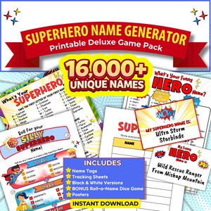 Superhero Party Game, Printable Kids Name Generator, What's Your Superhero Name, Classroom Activity, Funny Party Name Tags