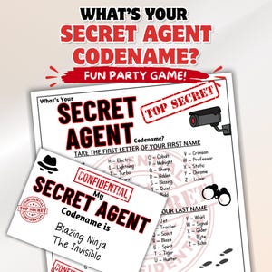 May include: A fun party game with the text "What's Your Secret Agent Codename?" The game includes a sheet with codename options and a card that says "My Codename is Blazing Ninja The Invisible."