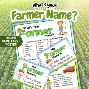 May include: A game sheet titled What's Your Farmer Name? featuring a list to determine a name based on initials and birth month. The set includes two rectangular name tags with the text My Farmer Name is and illustrations of a child farmer.