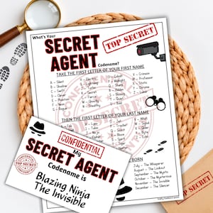 What's Your Secret Agent Name, Spy Codename Generator Game, Mystery Printable Activity for Kids, Secret ID Tag Party Activity, Party Favors