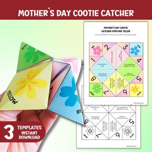 Attrape-coeurs imprimable pour la fête des mères, instructions pour diseuse de bonne aventure, modèle d'origami à télécharger, gâteries pour maman, activité manuelle amusante et coloriage