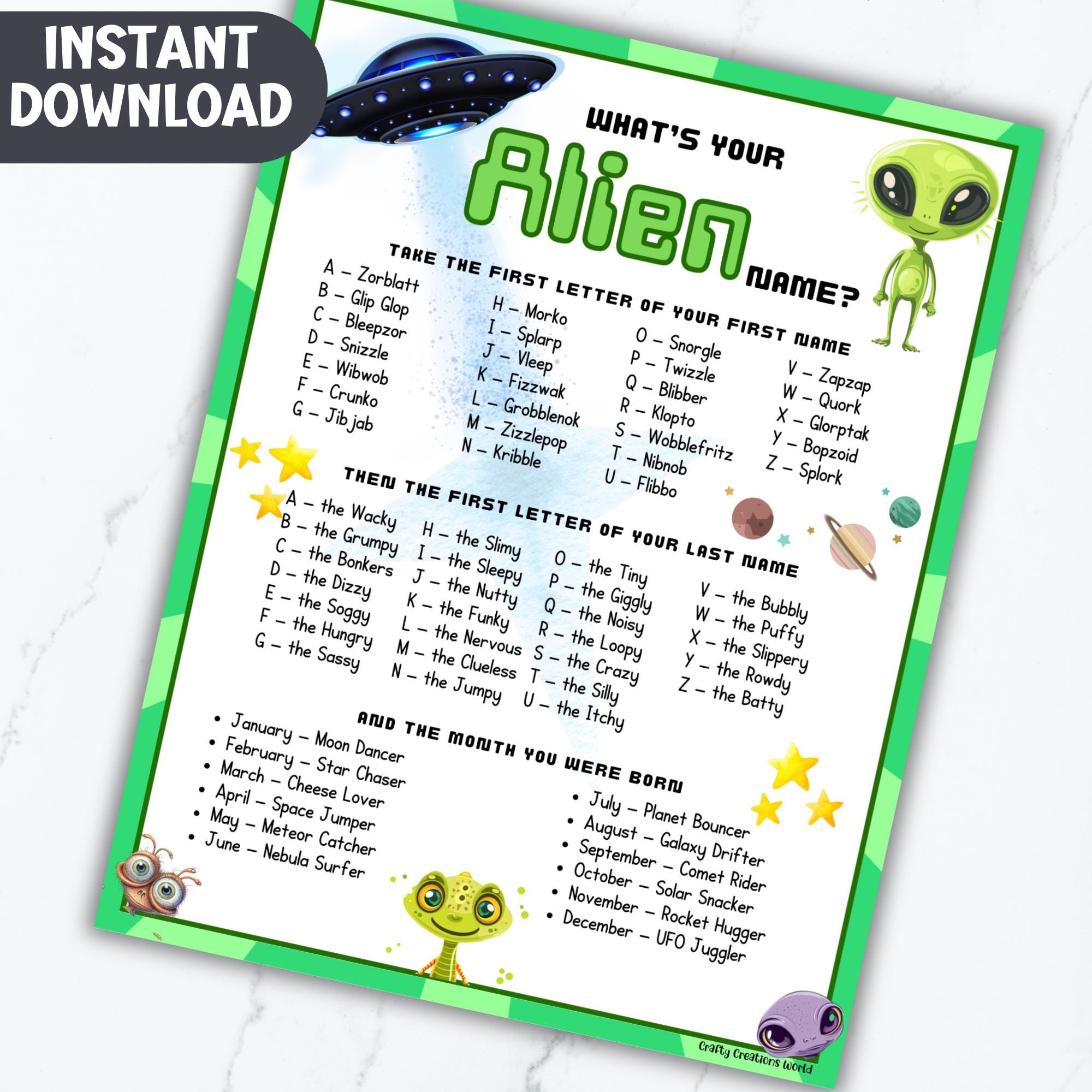 What's Your Alien Name Game for Kids, Birthday Party Space Alias ...