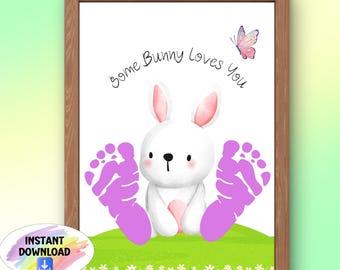 Huella de conejo de Pascua, recuerdo artístico, Día de la Madre, regalo de cumpleaños para mamá, abuela, papá y niños. Manualidades imprimibles para el aula de primavera.