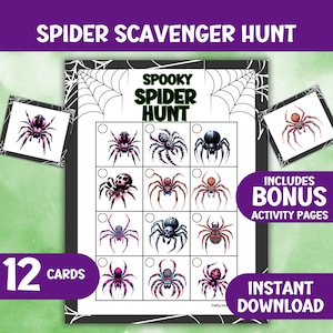 May include: A printable "Spider Scavenger Hunt" game with 12 cards, featuring various spider illustrations. The game includes bonus activity pages and is available for instant download. The title "Spooky Spider Hunt" is displayed prominently.