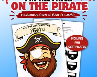 May include: A Pin the Patch on the Pirate party game set featuring a printed poster of a smiling pirate with a brown beard and a black hat with a skull and crossbones. The set includes a white eye patch, instructions, and fun certificates.