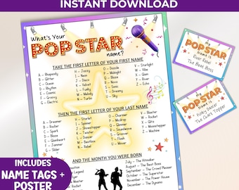 What's Your Popstar Name Game For Kids, Birthday Party Pop Star Alias Generator, Printable  Celebrity Name Tags Activity, Karaoke Name Game