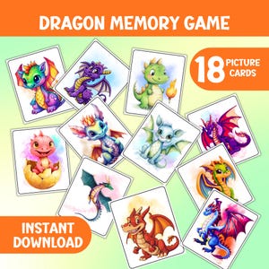 May include: Dragon Memory Game with 18 picture cards. The cards feature colorful illustrations of various dragons. The game's title is displayed at the top, with "Instant Download" at the bottom. The dragons are in shades of purple, green, red, and blue.