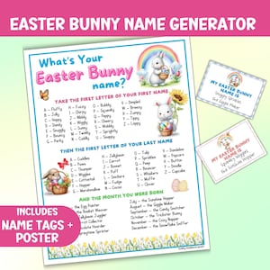 Whats Your Easter Bunny Name Party Game For Kids, Rabbit Label Generator Activity, Printable Easter Name Tags, Cute Funny Badge Download