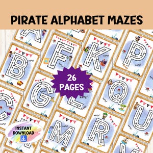 Pirate Alphabet Maze Set, A-Z Letter Activities, Printable Party Game, Classroom Worksheet, Kids Puzzle, Instant Pirate Birthday Favor