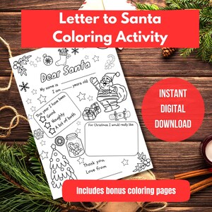 Página para colorear Carta a Santa, Carta imprimible a Santa con páginas para colorear adicionales, Lista de deseos navideños para niños, Carta navideña para niños